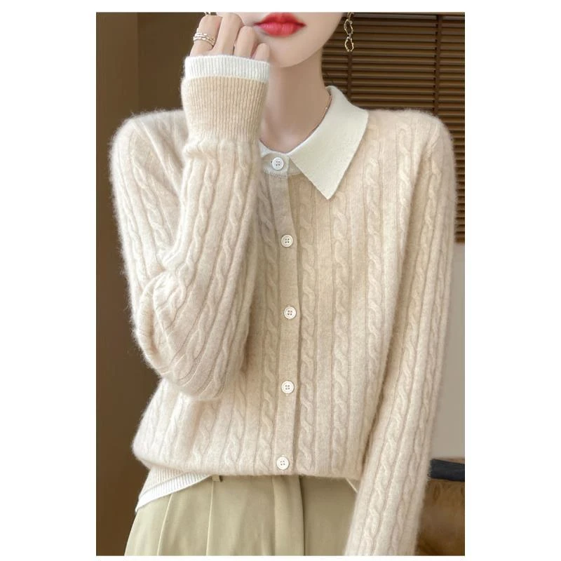 100%高端羊毛翻领绞花拼色假两件女士针织衫D309