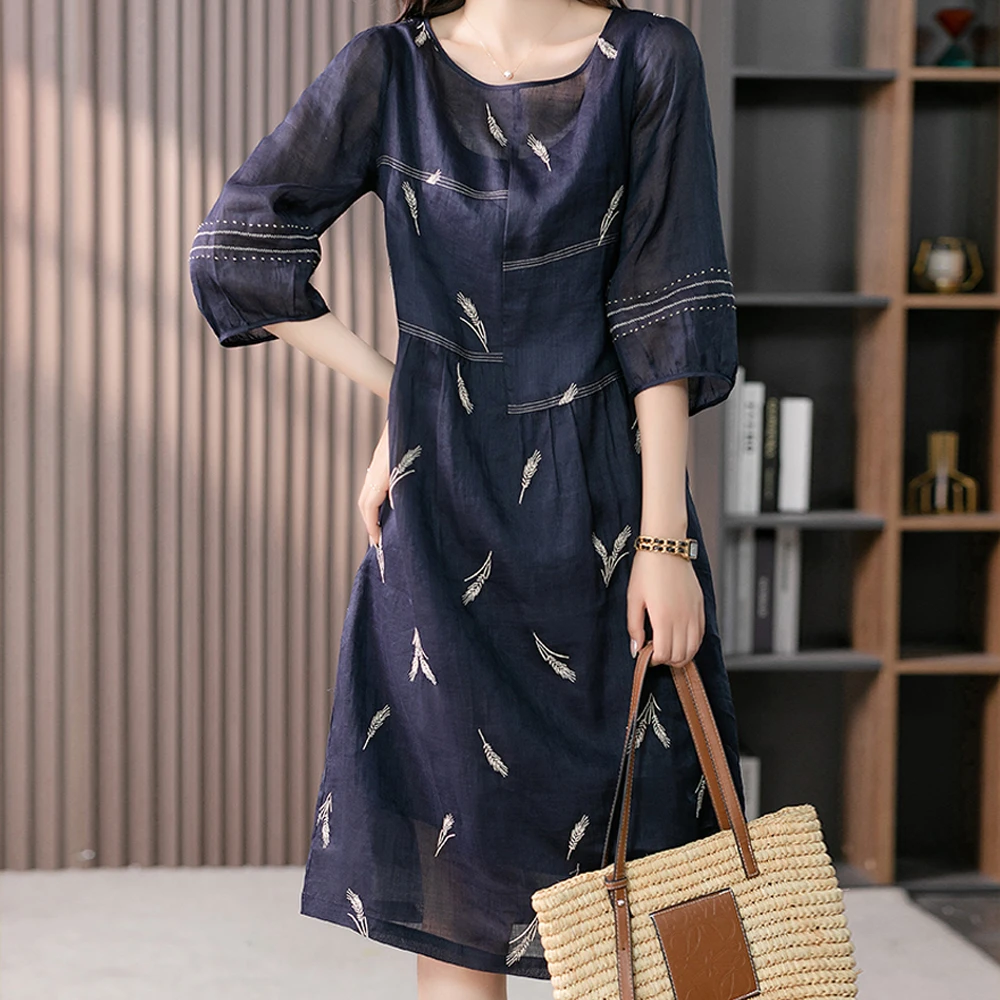 【白雪.荐选】香云纱真丝稻子水麦新中式裙夏季女式连衣裙C570