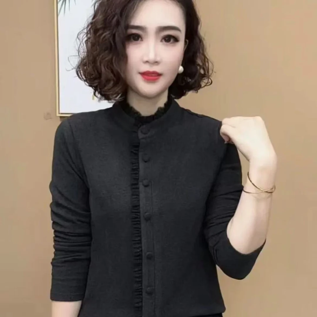 2025新款上衣时尚百搭木耳边领长袖减龄显瘦气质女士妈妈装打底