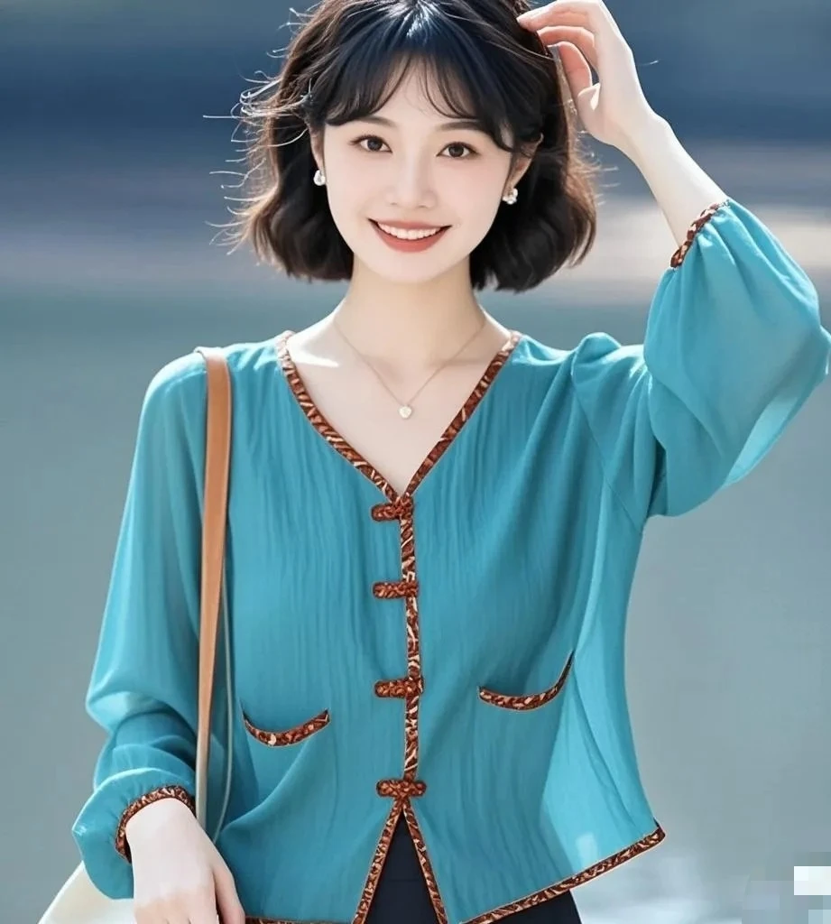 2025新款春季爆款复古百搭长袖棉麻衬衫小衫独特气质蓝色上衣衬衣