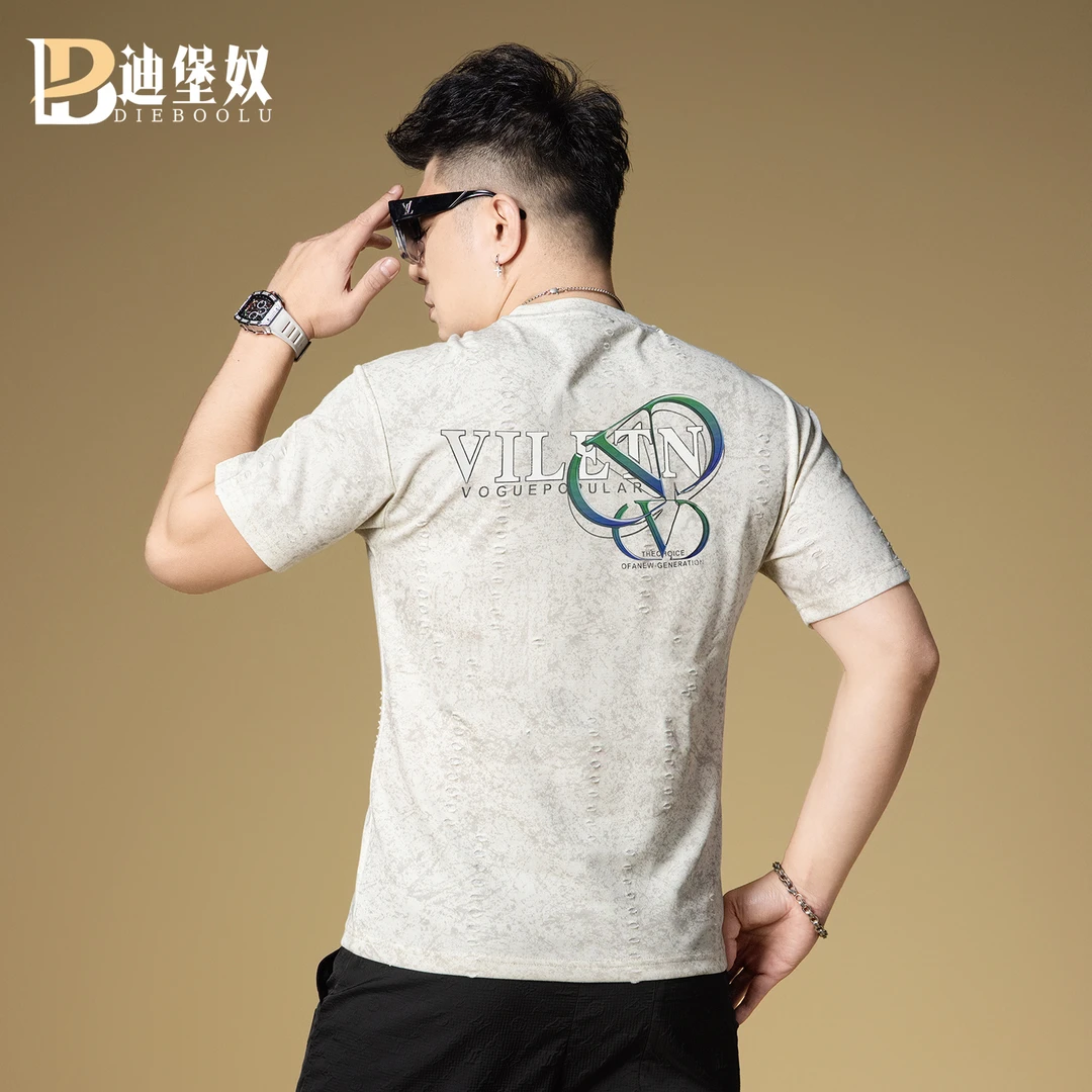 欧洲站潮牌2025款夏季高端破洞印花圆领短袖T恤衫宽松时尚T袖上衣