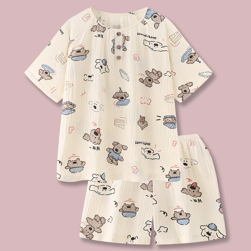 『萌趣小狗』可爱纯棉纱布睡衣夏季短袖新款套装卡通纯棉睡衣家居服