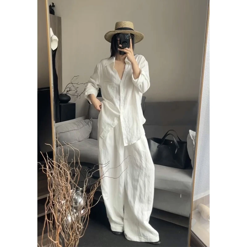 一整套ootd穿搭松弛感慵懒韩系白色亚麻衬衫阔腿裤休闲套装女夏季
