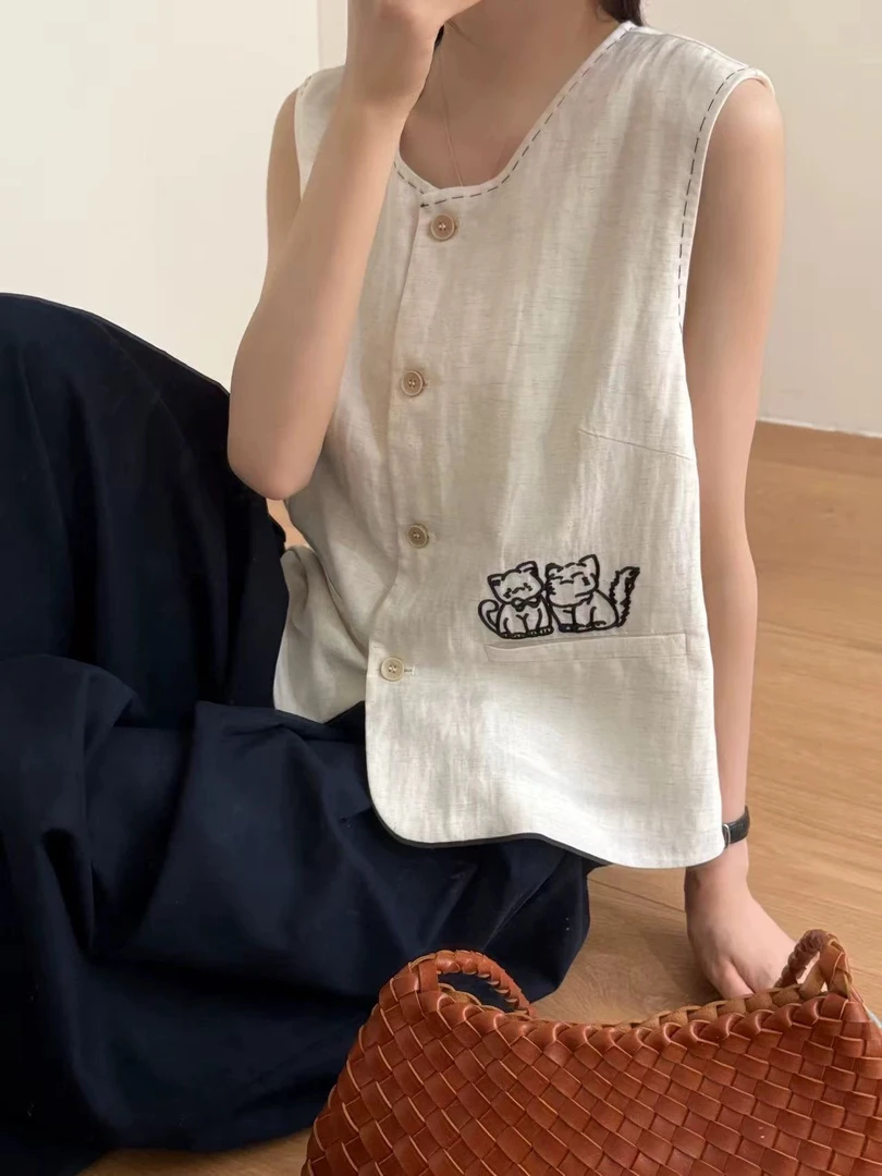 27961欧货高货南油刺绣棉麻刺绣猫咪马甲外套1370 衣长56