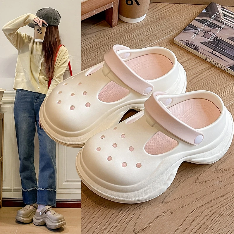 美拉德厚底洞洞鞋女款夏季外穿时尚百搭增高防滑网红包头凉拖鞋女