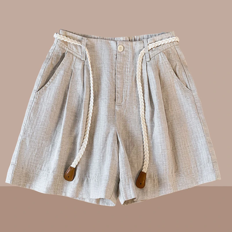 高级感高腰休闲短裤2025夏季时尚新款复古A字阔腿直筒裤自带腰带