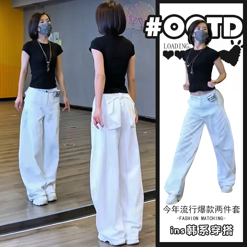 洋气炸街套装夏季新款百搭黑色上衣女宽松显瘦休闲裤高级感两件套