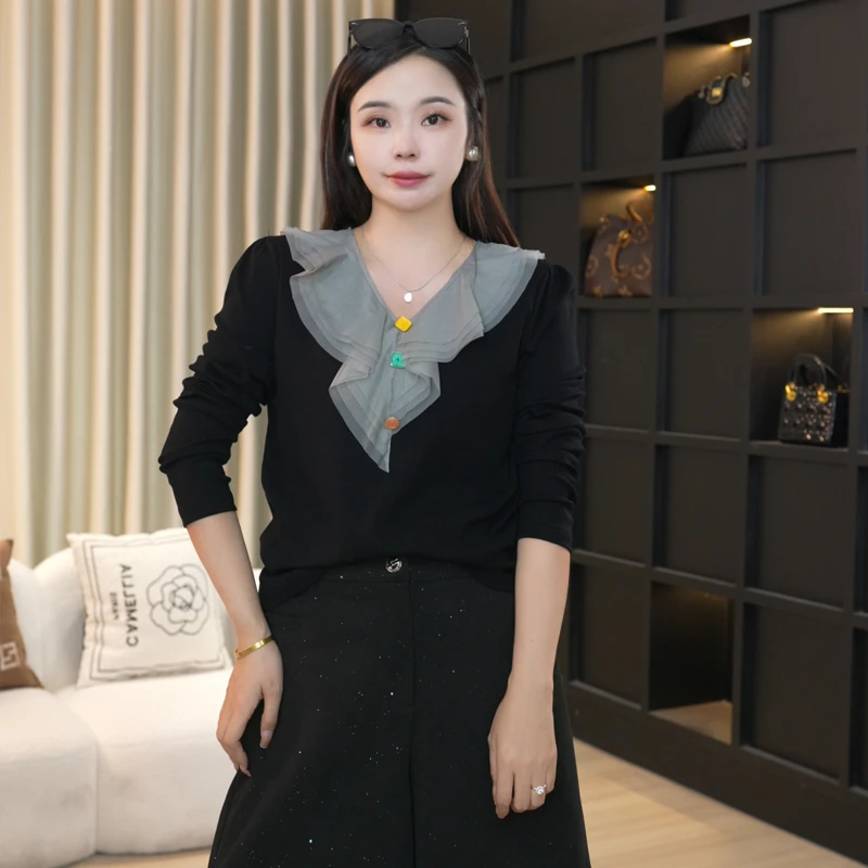 2025秋装新款韩版长袖大码女装纯色宽松显瘦设计感上衣13991