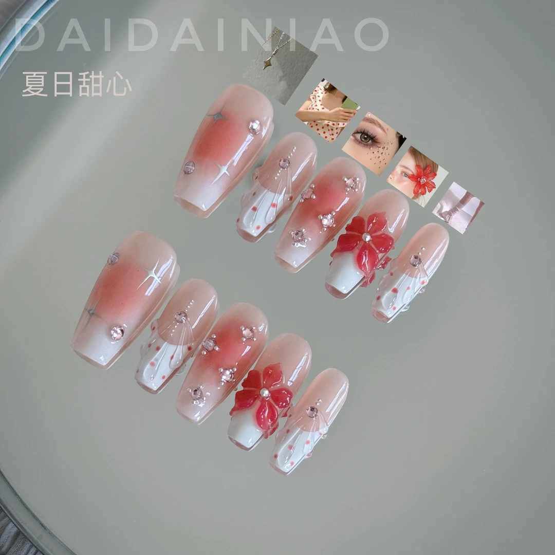DaiDaiNiao丨【夏日甜心】法式波点立体雕花甜美显白纯手工穿戴甲