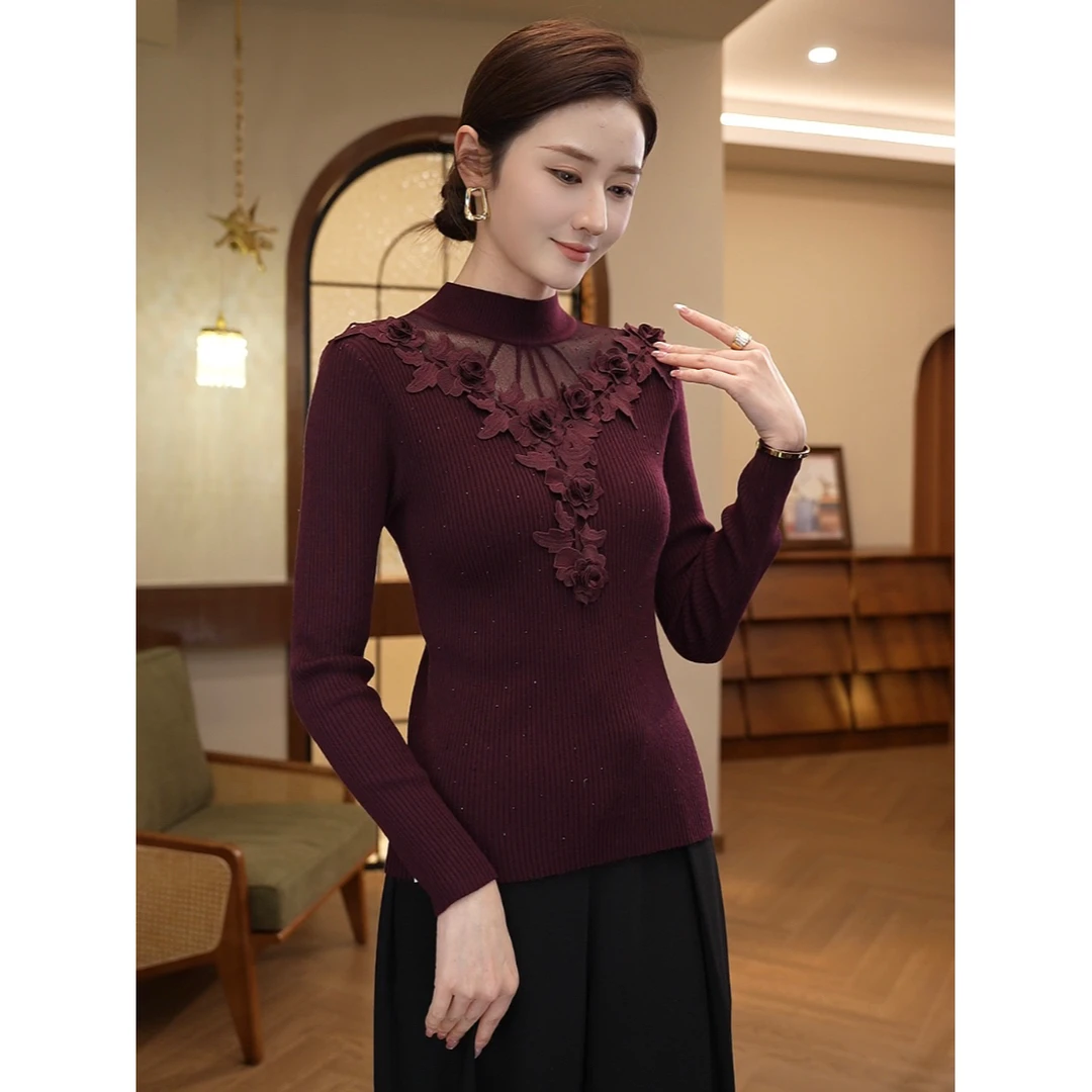 2026秋冬新款【8456】含绵羊毛镂空酒红色立体提花长袖针织衫毛衣