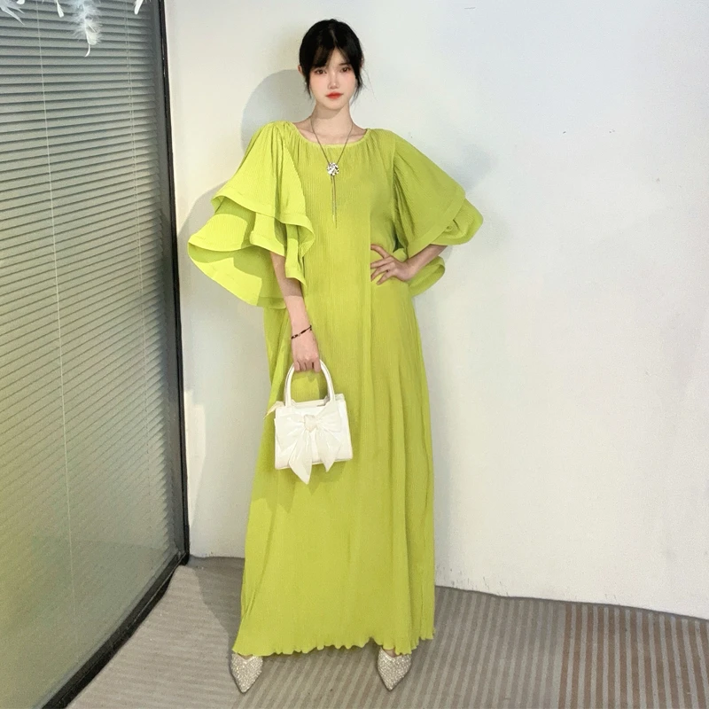 娜2025夏新款女士百褶长连衣裙圆领荷叶袖宽松时尚优雅淑女装