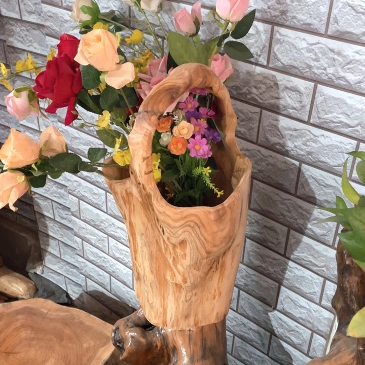 香杉木榴花根雕花篮