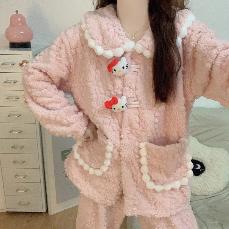 【加绒加厚】珊瑚绒睡衣女款秋冬季娃娃领猫咪法兰绒保暖家居服套装