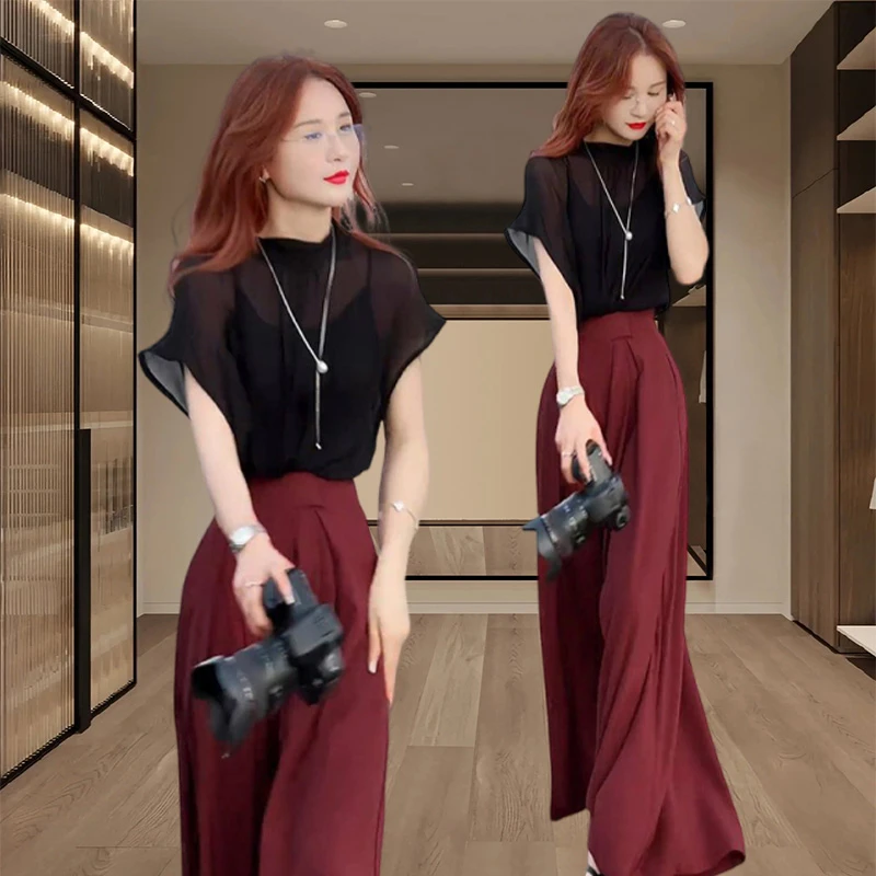 气质名媛风套装女2025夏季新款氛围感通勤雪纺上衣阔腿裤两件套女