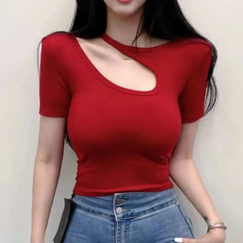 D25031夏季新款纯欲辣妹镂空露锁骨修身显瘦T恤