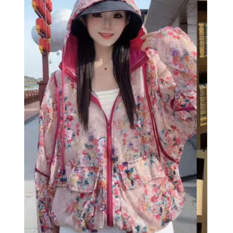 夏季新款宽松洋气薄款连帽碎花防晒女时尚小众潮D2435