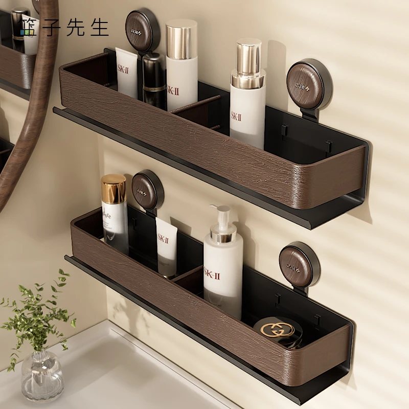 吸盘卫生间置物架壁挂仿木纹厕所洗漱用品收纳架免打孔浴室挂墙架