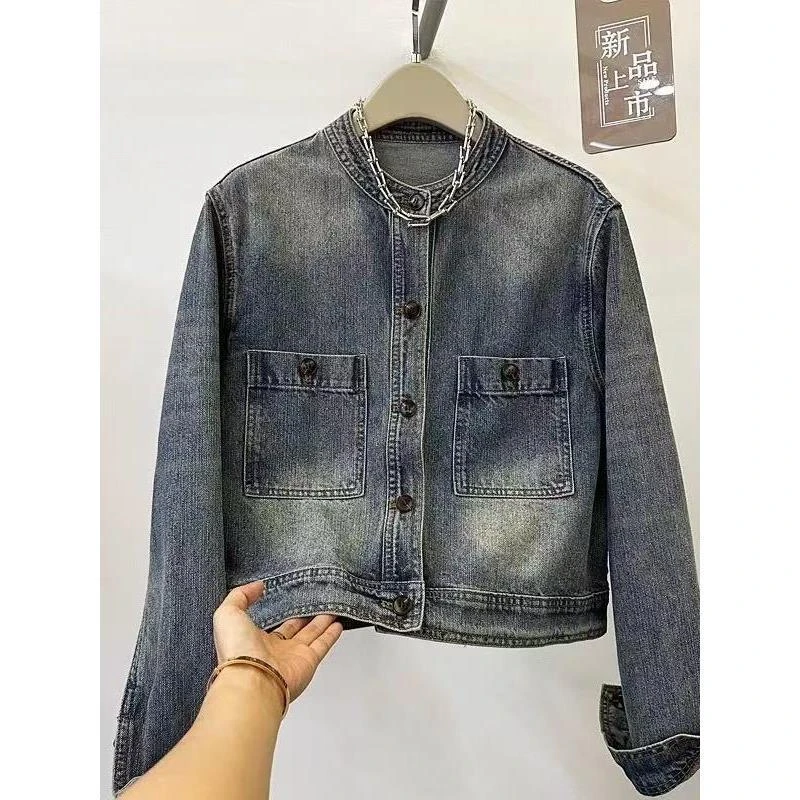 607#秋季新款欧韩货水洗做旧磨白骨位牛仔外套宽松小个子