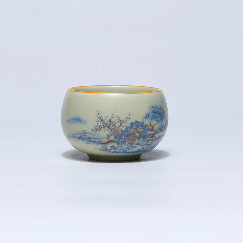 秘黄釉山水山里人家禅定杯 中式茶具茶器