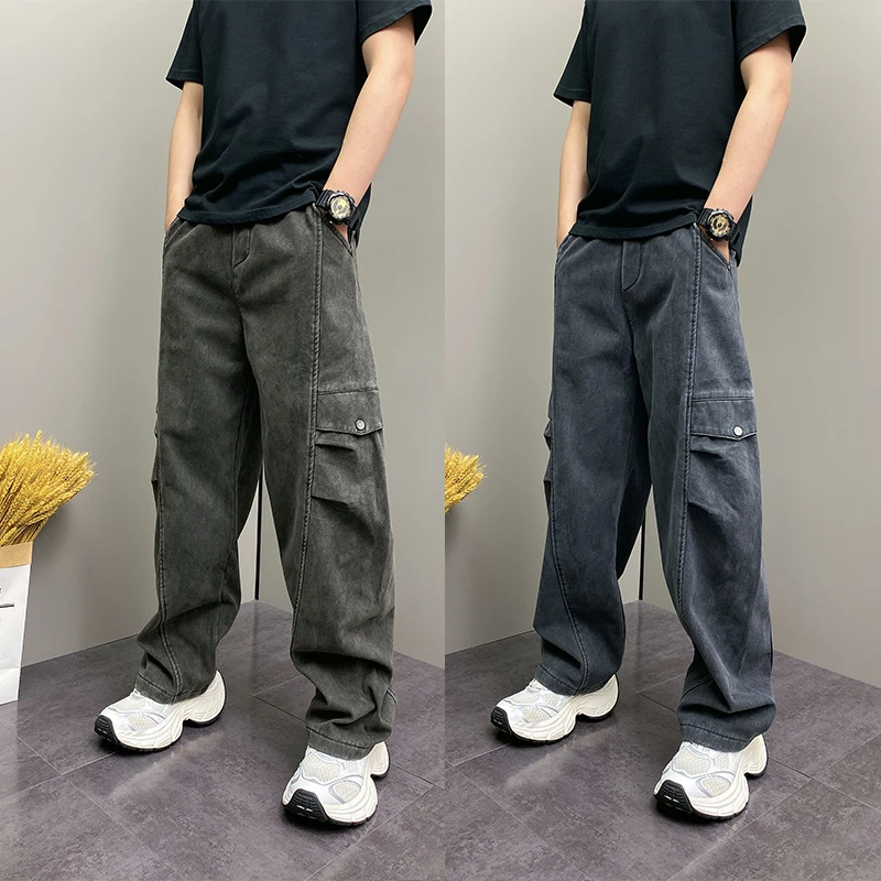 秋冬新款加绒复古痞帅工装牛仔裤潮流宽松直筒垂感休闲百搭阔腿裤