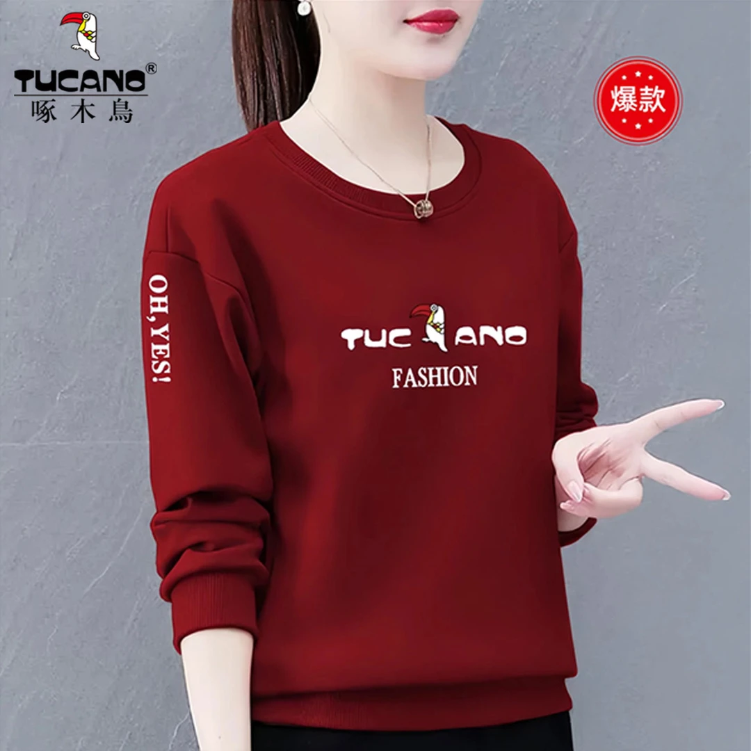 啄木鸟中老年妈妈加绒长袖卫衣女2025秋冬季新款宽松显瘦女士上衣