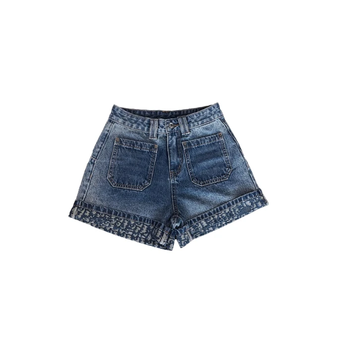 夏季新款高腰卷边百搭宽松直筒牛仔短裤 B753