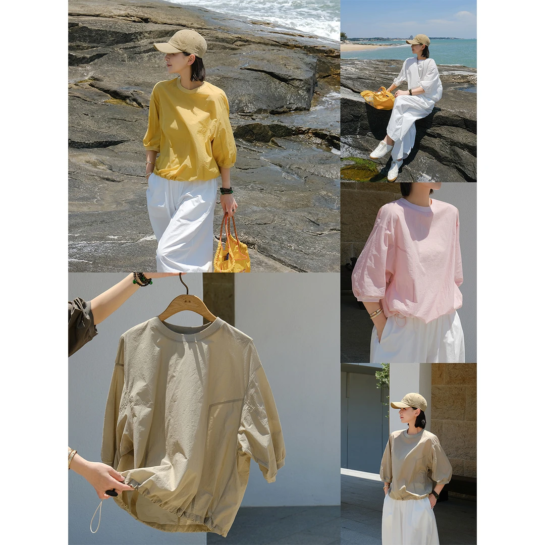 麻霖原创设计夏季新品薄款轻透轻盈圆领套头拼接多色上衣T恤