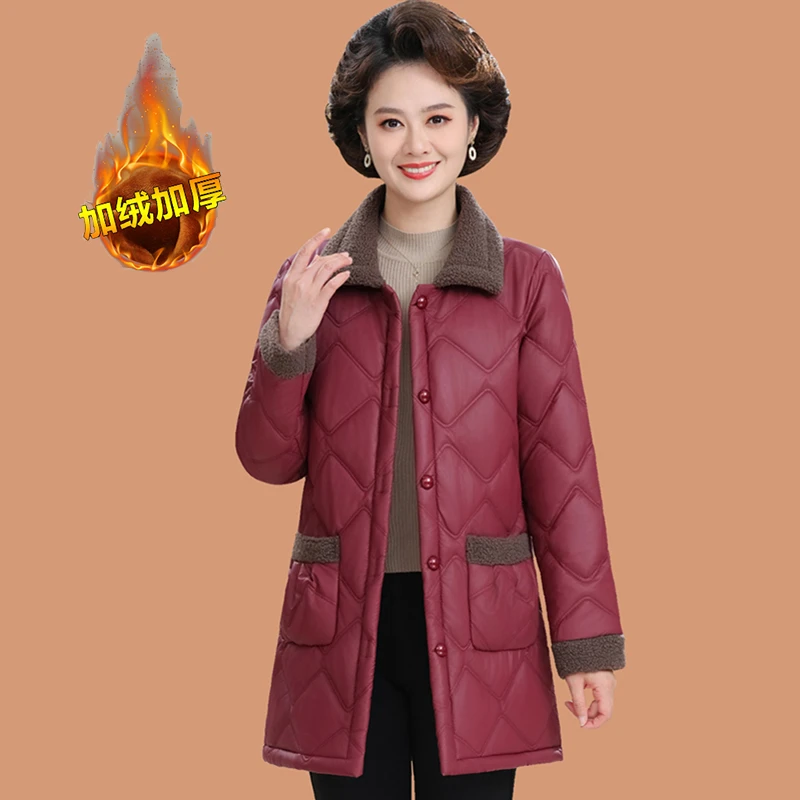 妈妈冬装外套加绒加厚皮棉衣中老年女装中长款宽松翻领保暖棉袄