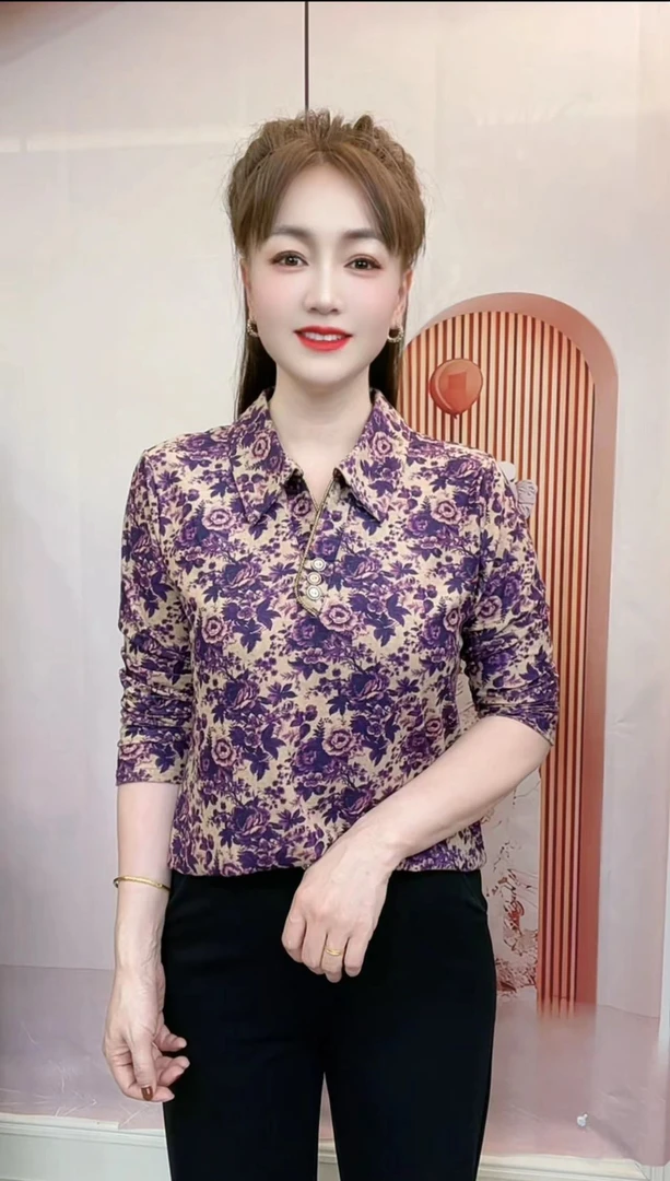 2025秋装新长袖打底衫妈妈装洋气上衣翻领显瘦百搭拼接花款