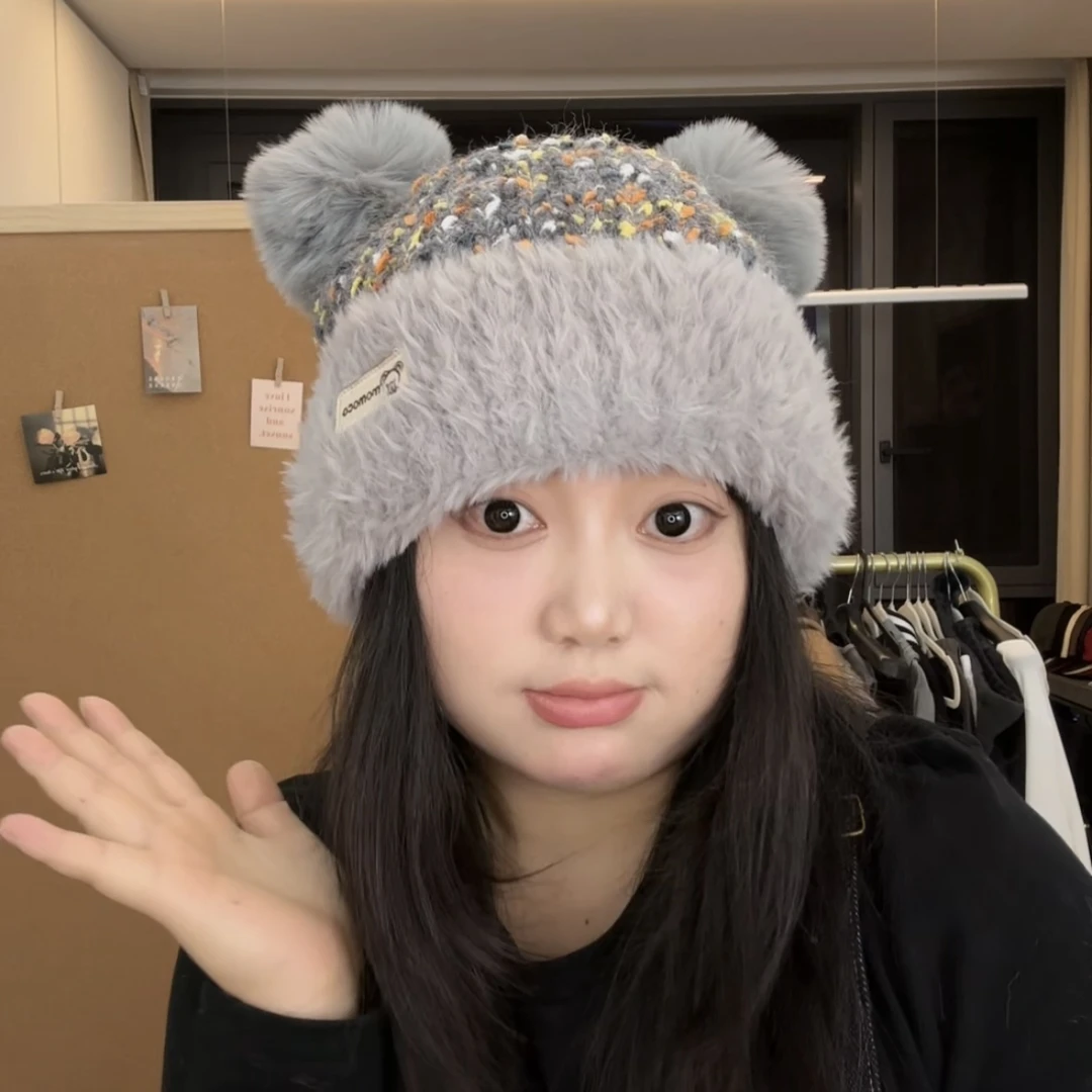 冬季新款大头围可爱小熊毛绒帽子女加绒加厚保暖针织包头帽显脸小