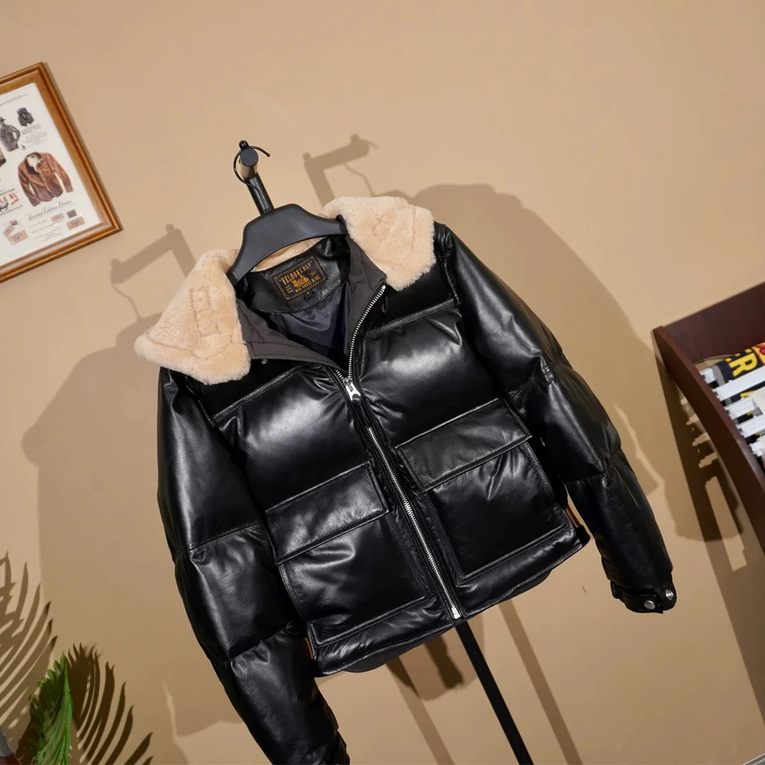 厚重日系复古连帽牛皮羽绒服皮衣男冬季防寒机车夹克饱满加厚