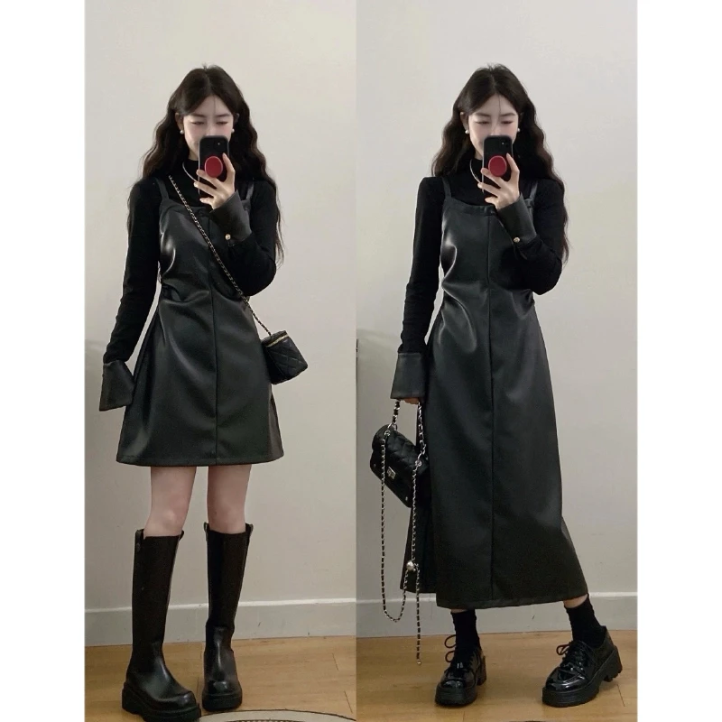 MO88ZSPF大码女装【人生神裙】胖mm秋冬假两件收腰拼皮显瘦连衣裙