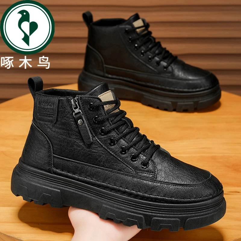 【正品】啄木鸟软底2025秋季新款马丁靴复古男鞋工作高帮皮鞋防滑