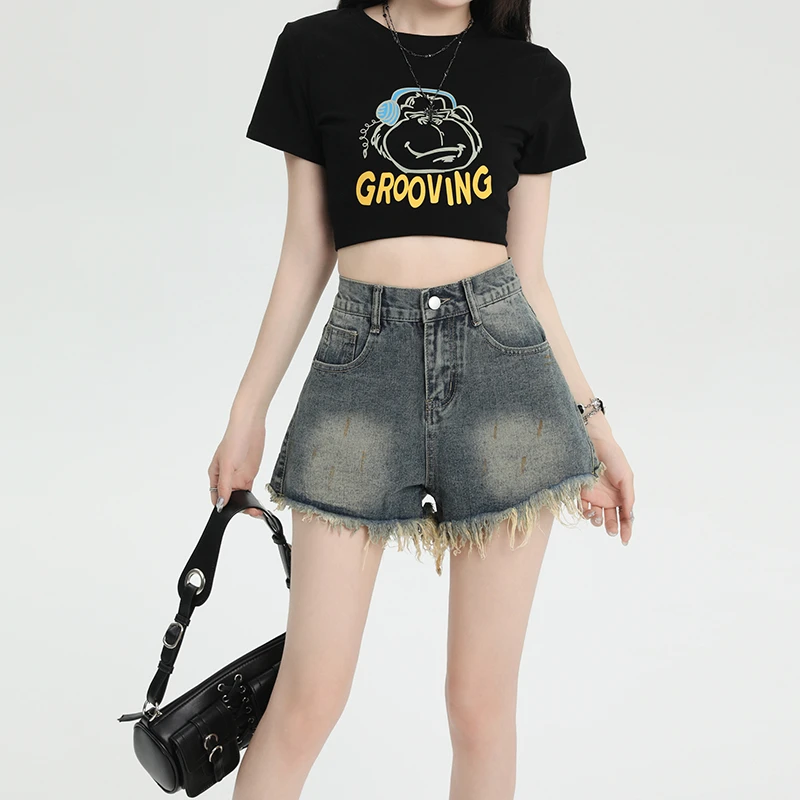 夏季高腰短裤美式复古牛仔热裤宽松女装毛边韩版薄款显瘦百搭