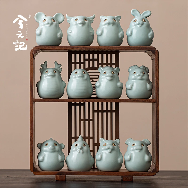 陶瓷十二生肖茶宠小摆件天青汝窑茶玩精品可养开片茶具本命年礼物