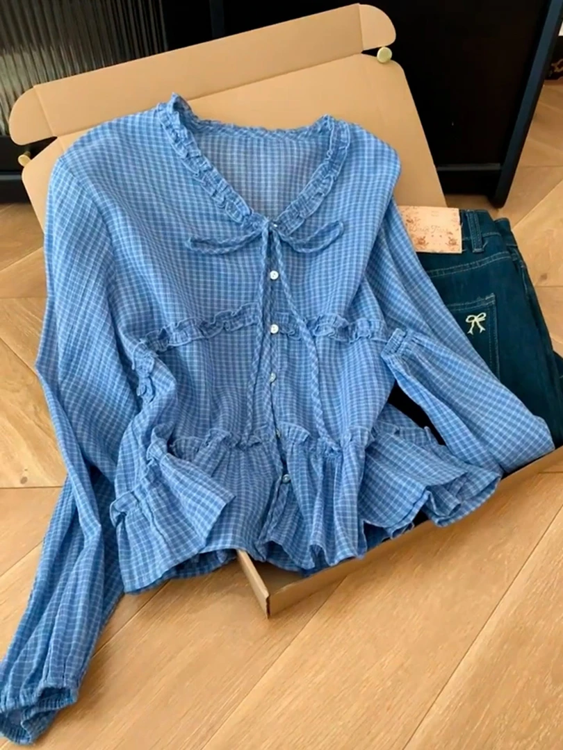 韩里韩气高级感轻奢减龄洋气上衣独特漂亮蓝色格子木耳边衬衫女秋