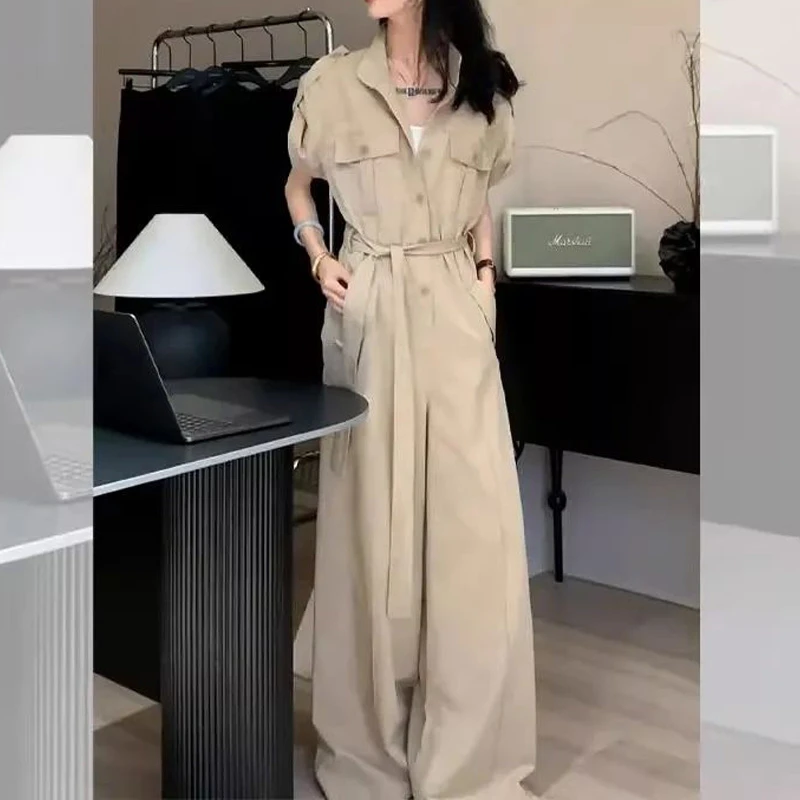 欧洲站复古设计感工装翻领连体裤2025年夏季收腰显瘦气质连衣裤女