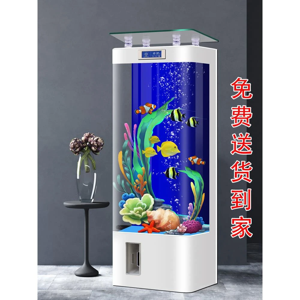 2025新款一体成型鱼缸客厅立式电视柜旁生态玻璃智能显示屏金鱼缸