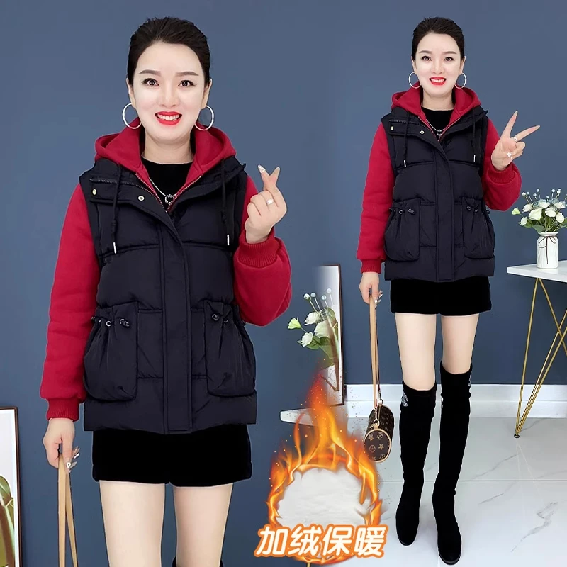 爆款假两件连帽百搭棉服女冬装2025新款时尚拼接加绒加厚棉衣外套
