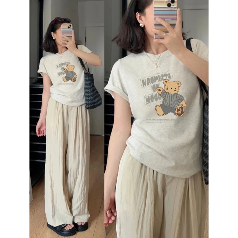 小众设计感正肩短袖t恤女2025新款时尚百搭洋气灰色上衣体恤夏季