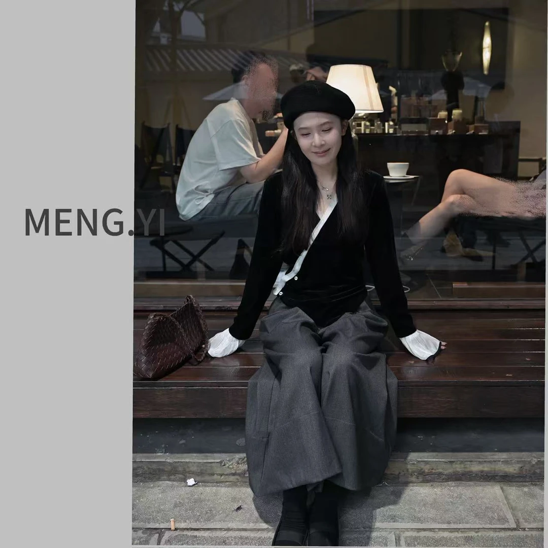 MENG.YI拼接丝绒别致上衣5287