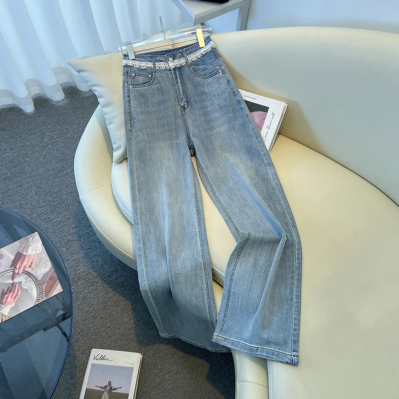 浅蓝色窄版阔腿牛仔裤女2025夏季新款高腰宽松遮胯显瘦薄款直筒裤