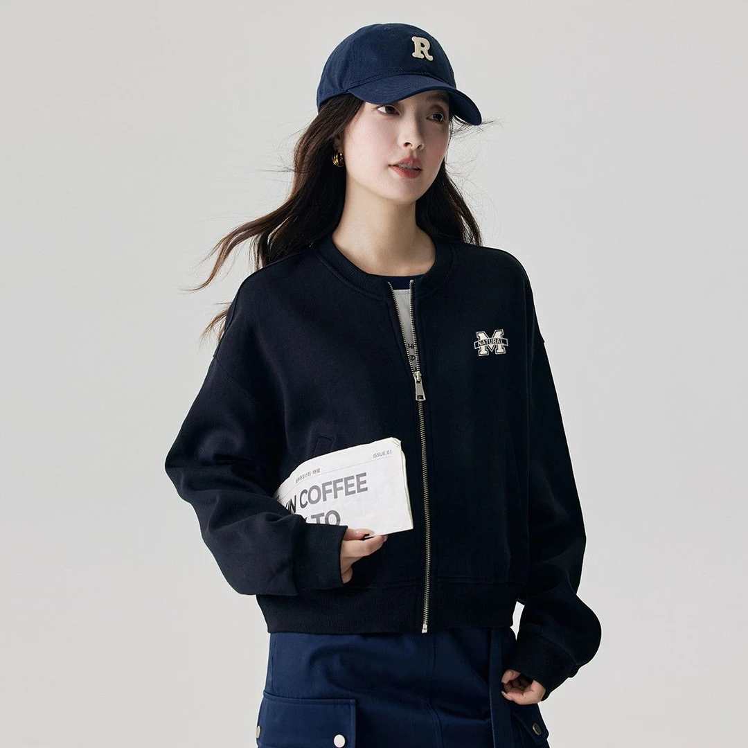 茵曼25年春季运动休闲圆领女卫衣宽松显瘦外套女简约百搭开衫上衣
