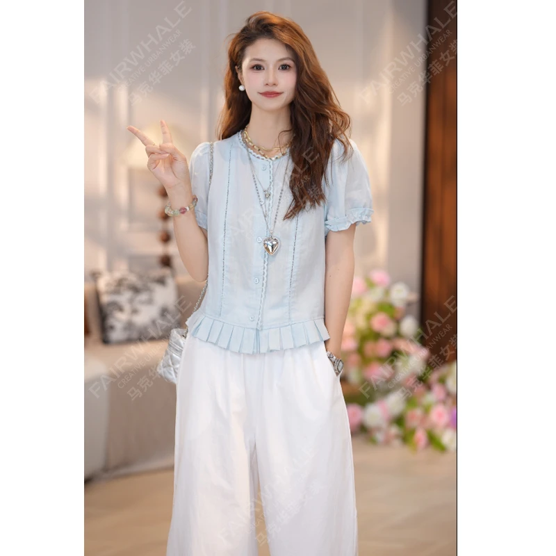 马克华菲女装夏季法式设计感织带边短袖减龄上衣 F52003A536 qq