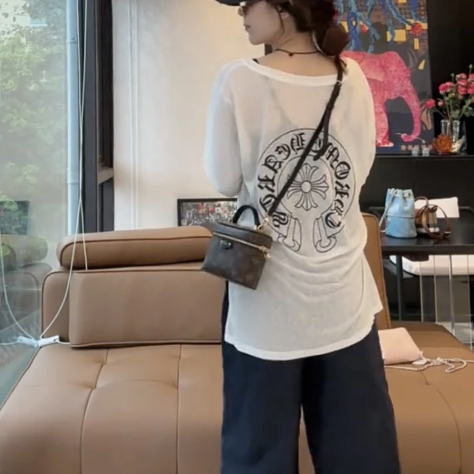 长袖防晒轻薄透气微透圆领宽松甜美清新T恤韩版打底高智淡人风