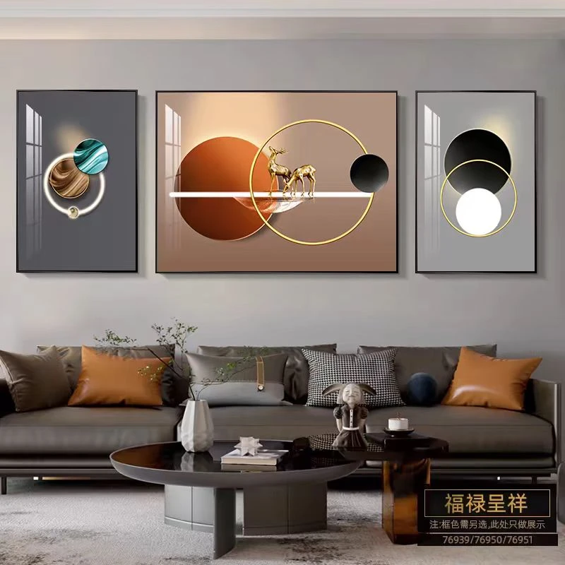 福禄呈祥现代简约轻奢新中式客厅装饰画沙发背景墙三联画晶瓷挂画