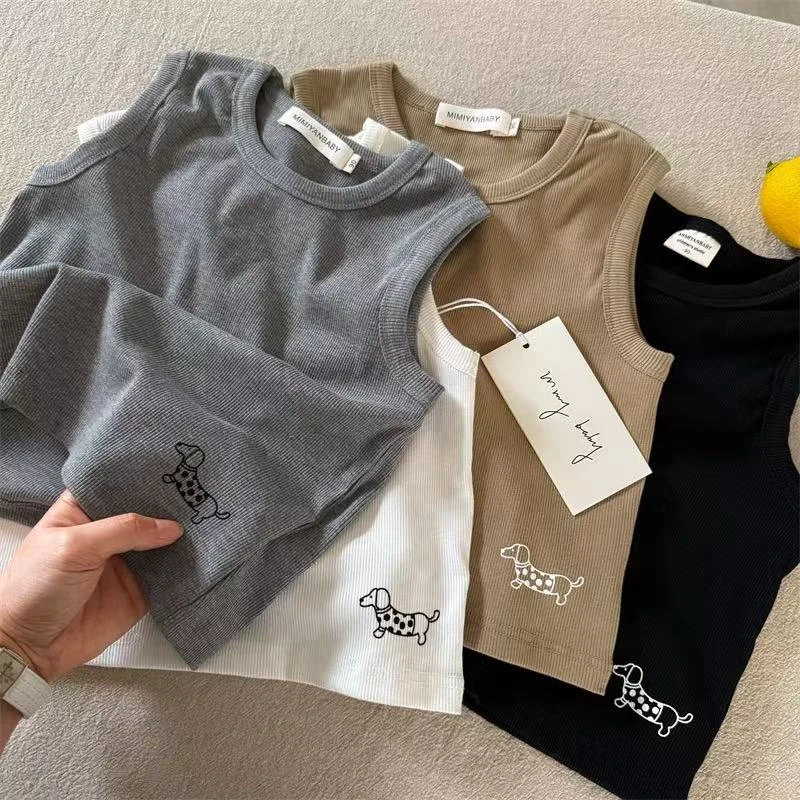 儿童背心2025夏季新品男女童坑条卡通背心宝宝弹力无袖衣潮50355