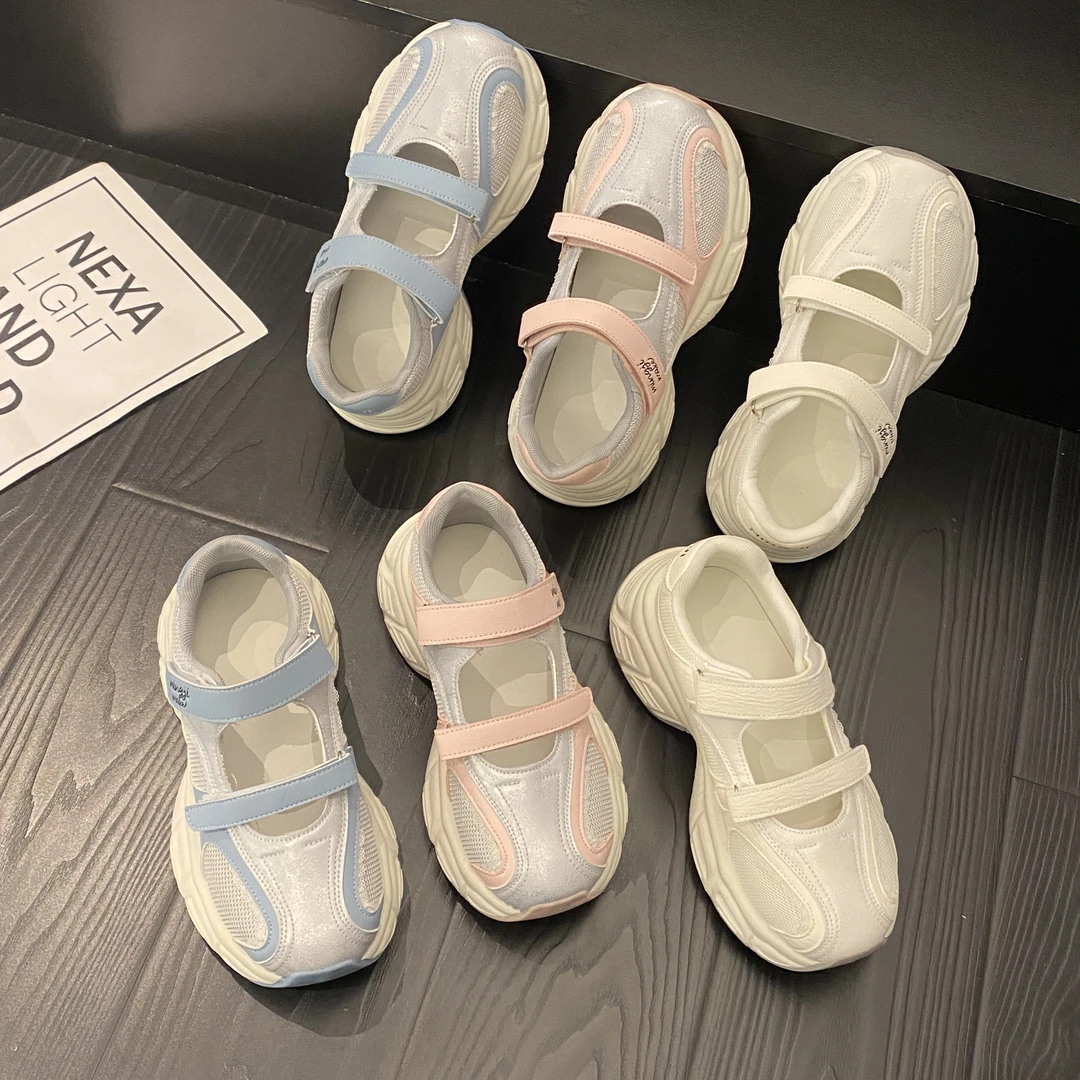 贾不假时尚休闲运动凉鞋2025夏季新款魔术贴玛丽珍鞋透气软小白鞋