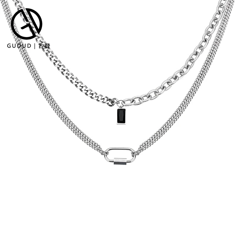 钛钢项链 嘻哈古巴双层拼接项链镶嵌宝石男士潮小众设计复古叠戴