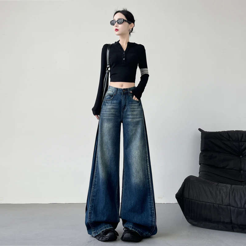 复古水洗喇叭牛仔裤女宽松高腰显瘦阔腿裤拖地裤